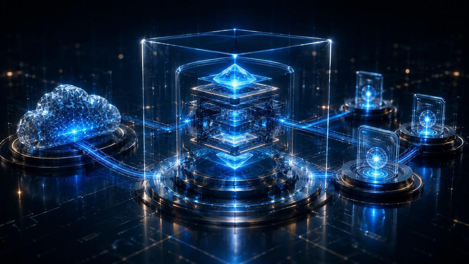 Protected digital-banking core connected to cloud and transaction services