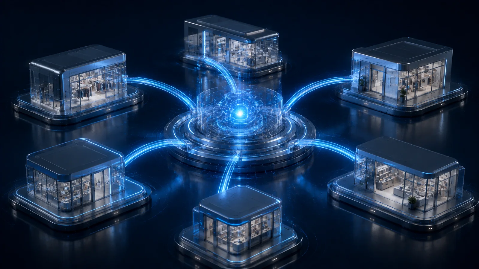 Retail branches connected through a central network hub